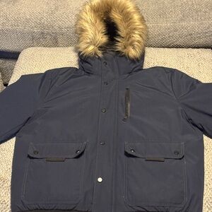 Calvin Klein Navy and Black Puffer Jacket with Fur Hood